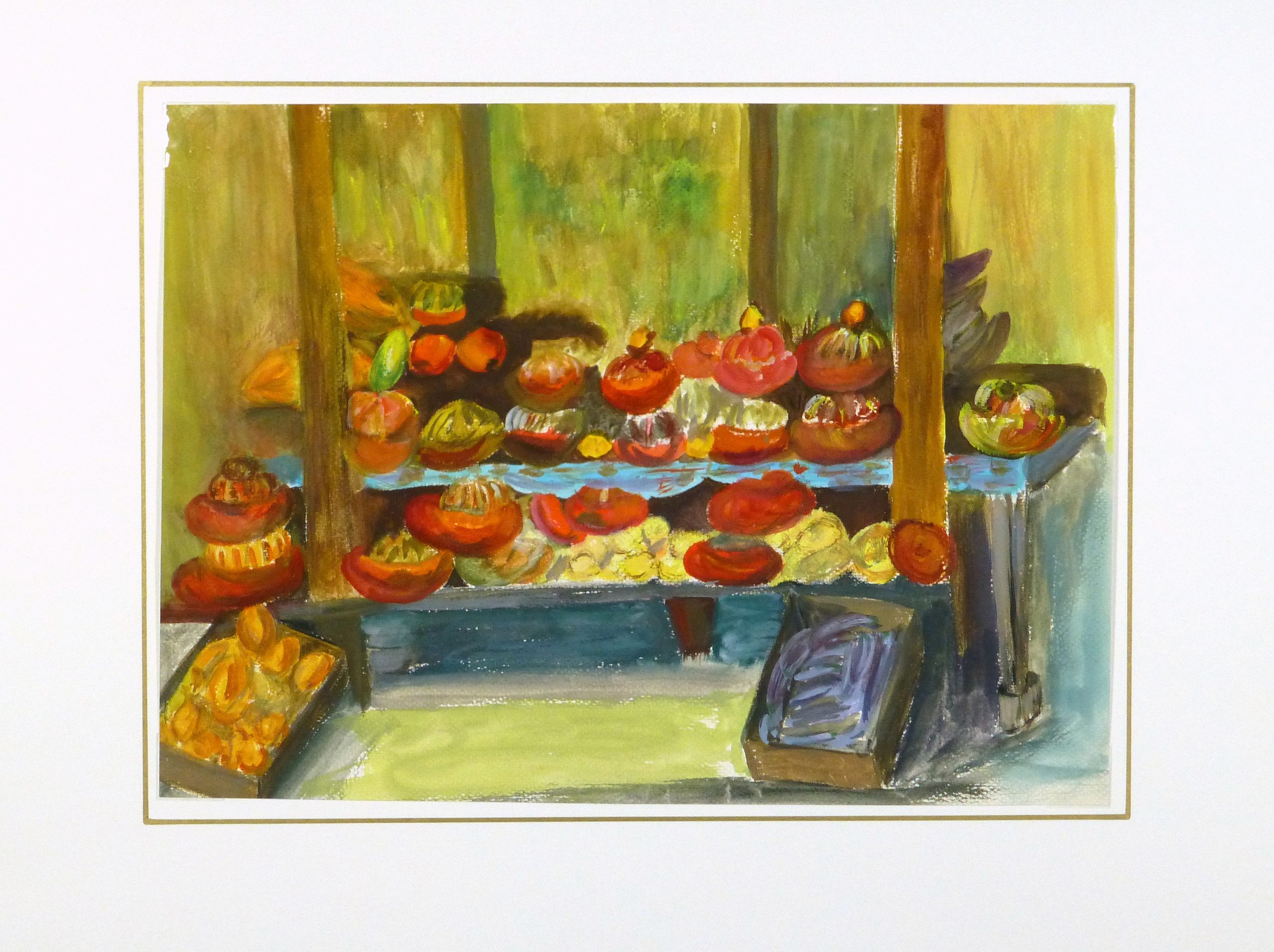 Watercolor - Farmer's Market, circa 1950-matted-8606K