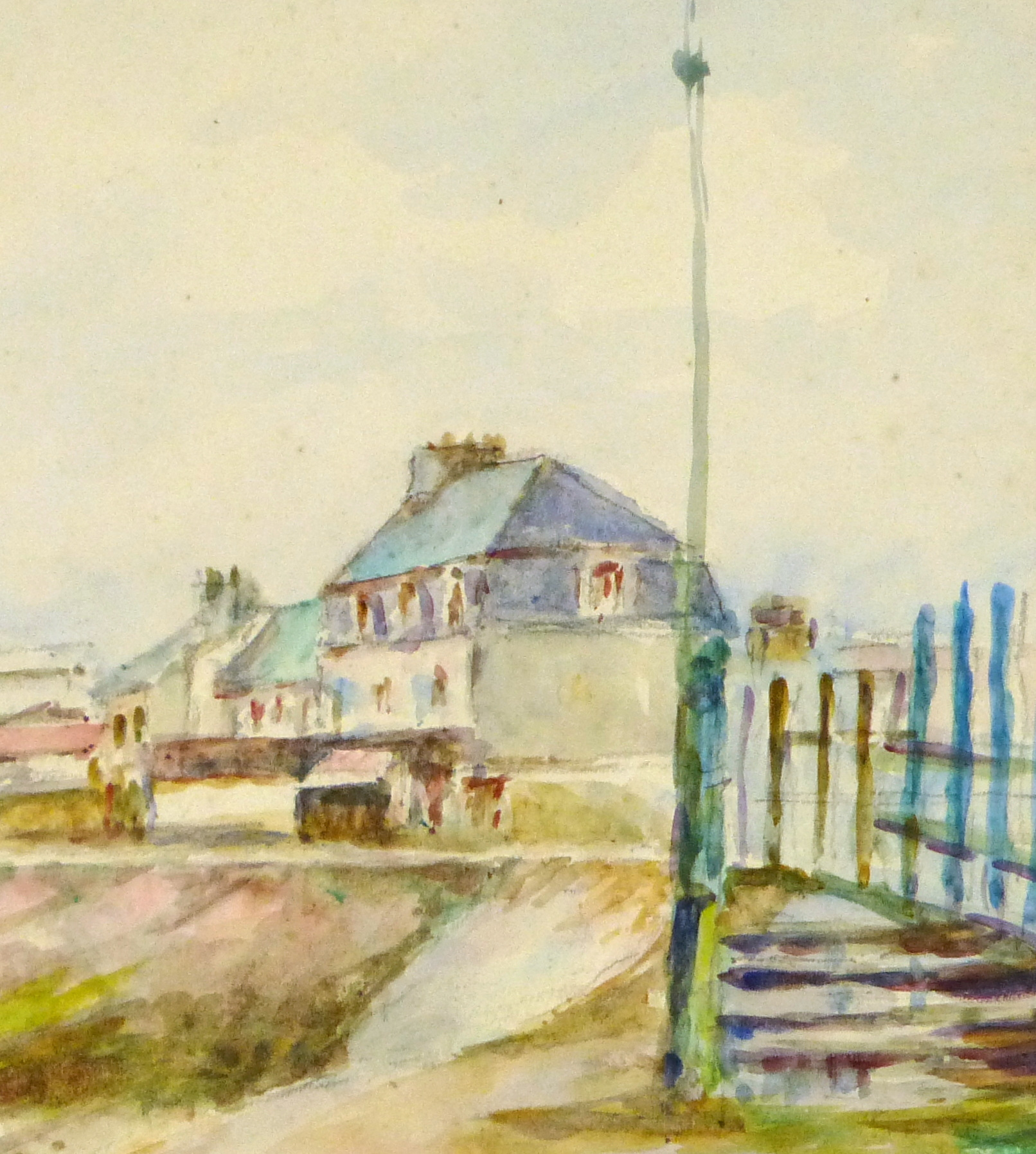 Watercolor Landscape - Beachside Town, Circa 1930-detail-8894K