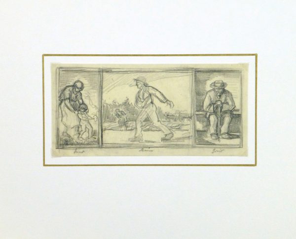 Drawing- Expressive Triptych, Circa 1930-matted-9212K