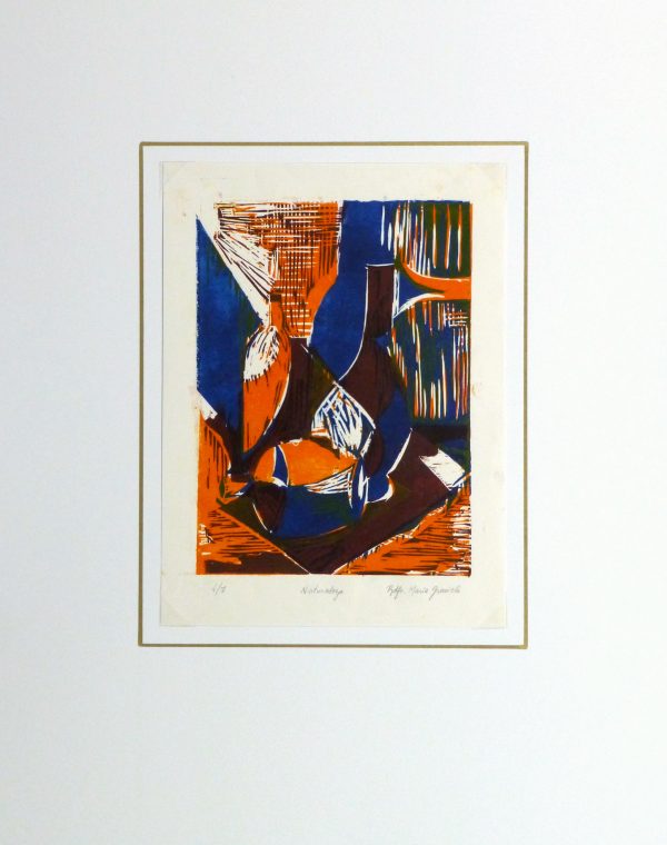Still Life Woodcut - Vases, Circa 1970-matted-10461M