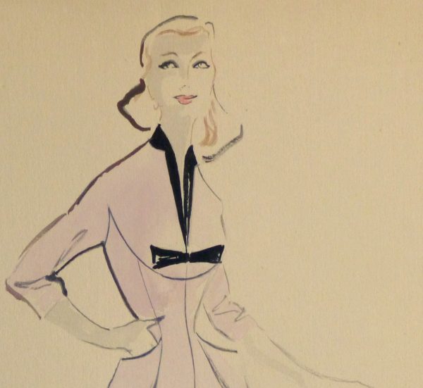 Gouache & Ink Fashion Sketch - Lavender Dress, Circa 1955-detail 2-10467M