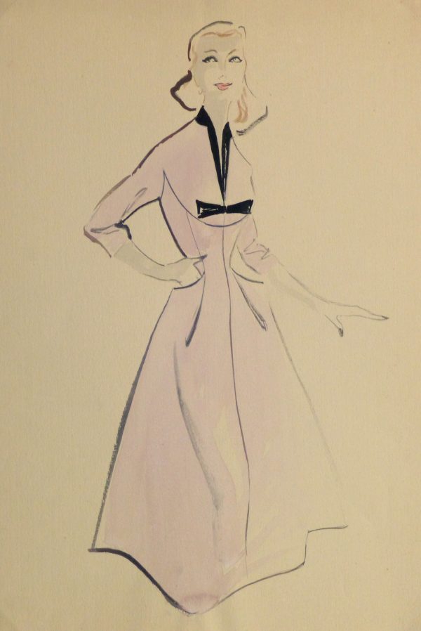 Gouache & Ink Fashion Sketch - Lavender Dress, Circa 1955-main-10467M