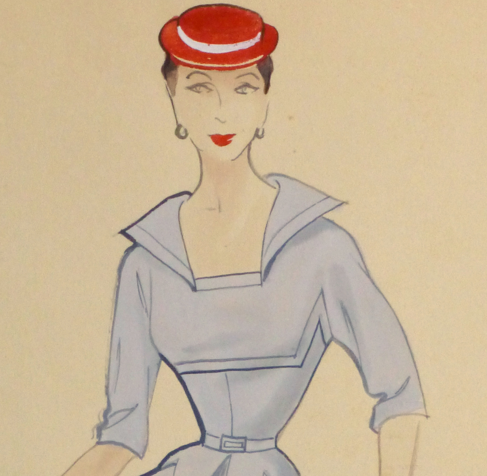 Gouache & Ink Fashion Sketch - Powder Blue Dress, Circa 1955-detail 2-10468M