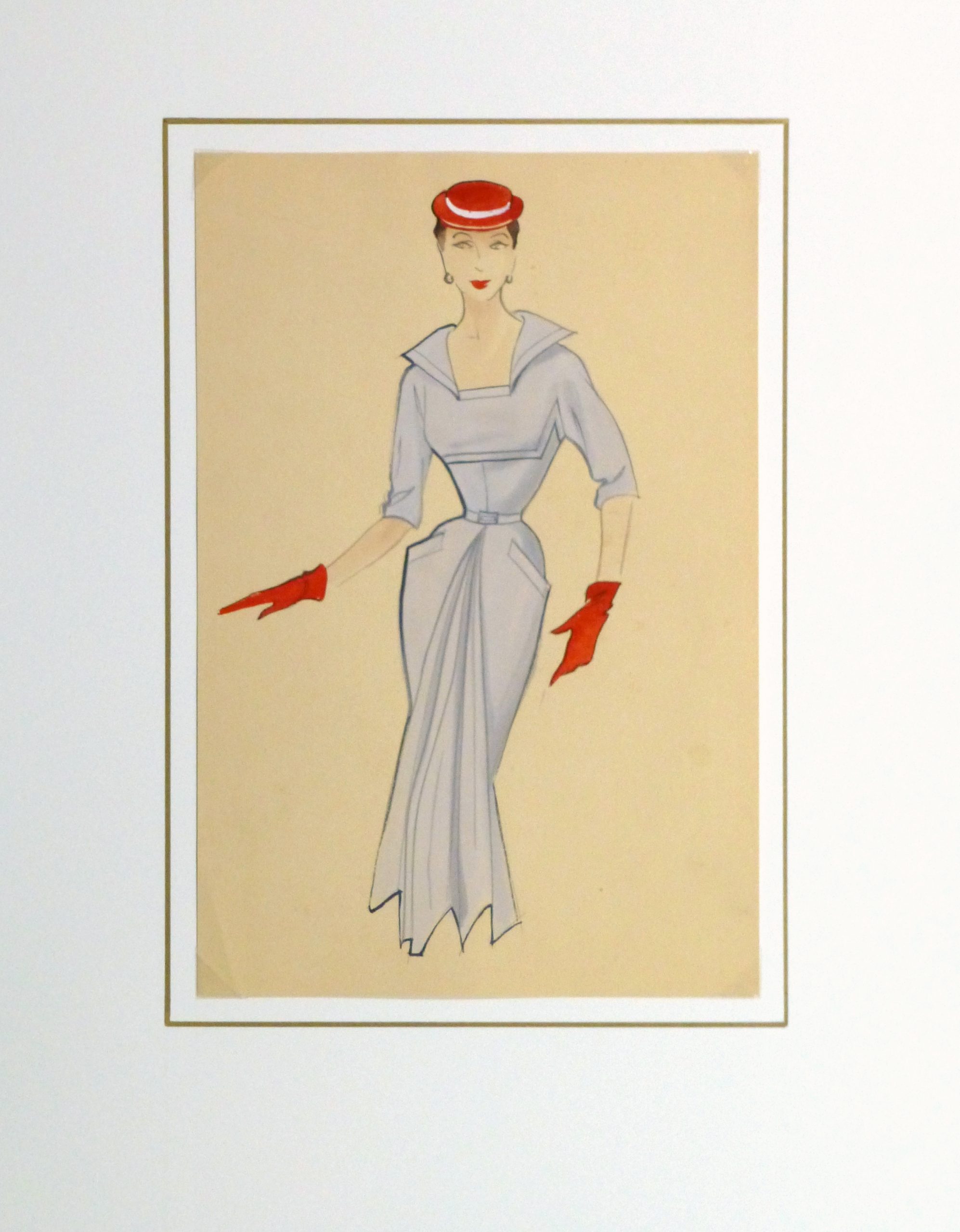 Gouache & Ink Fashion Sketch - Powder Blue Dress, Circa 1955-matted-10468M