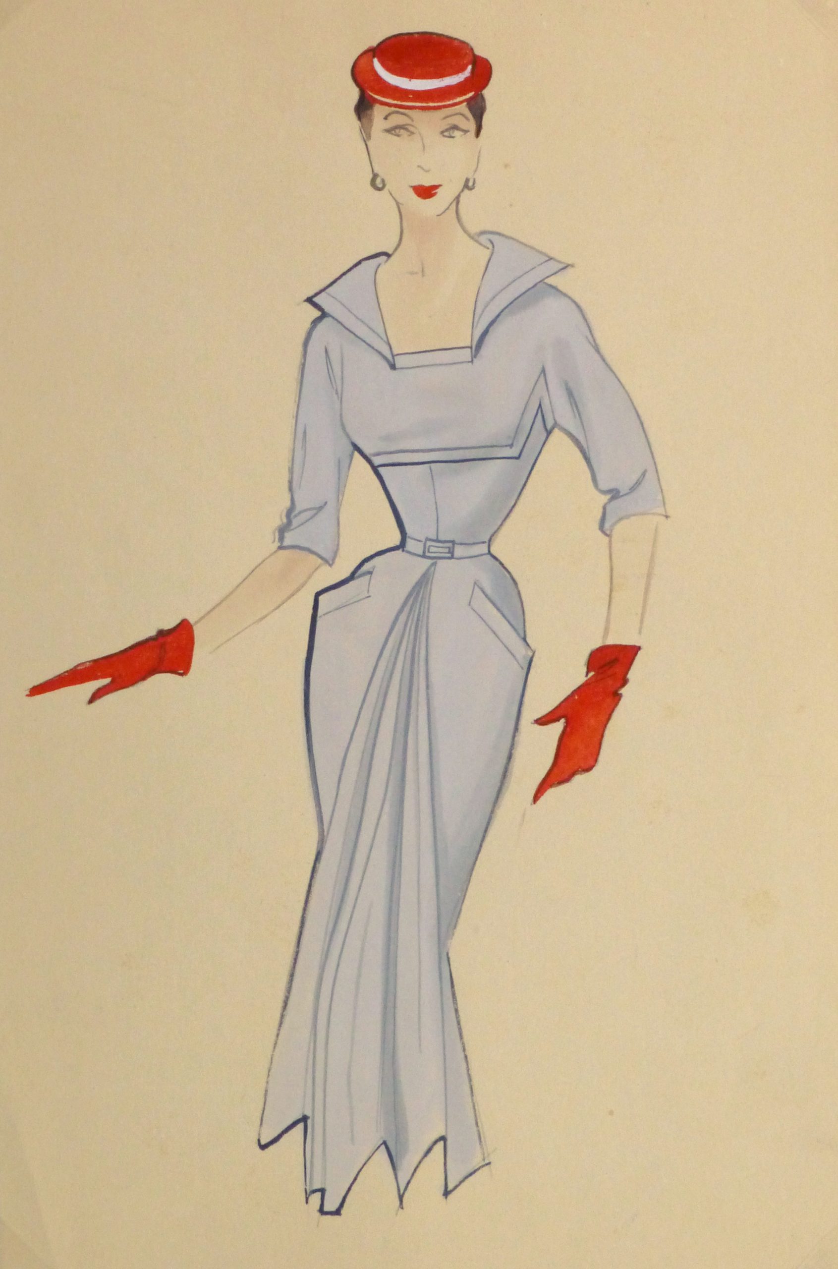 Gouache & Ink Fashion Sketch - Powder Blue Dress, Circa 1955-main-10468M