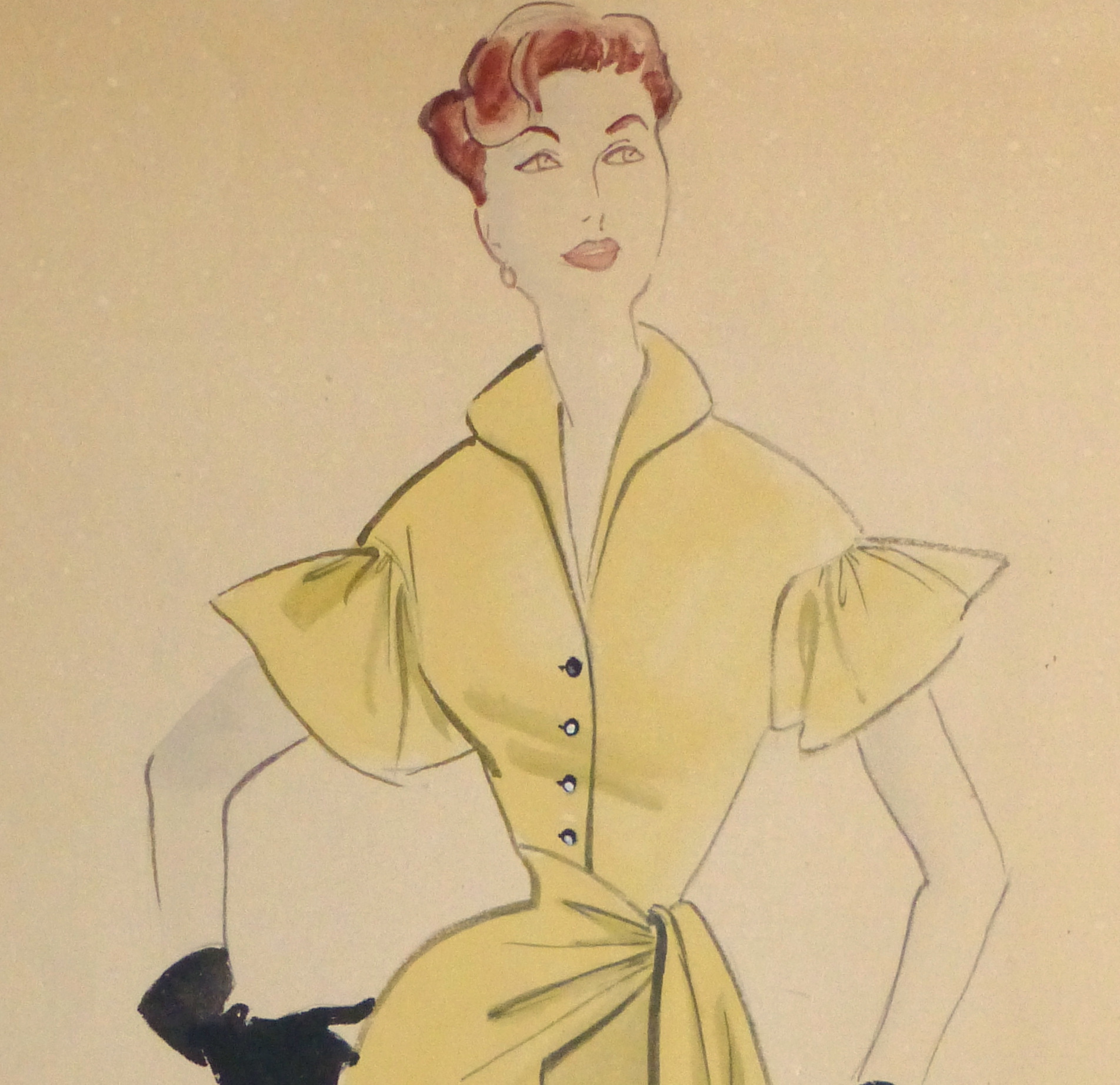 Gouache & Ink Fashion Sketch - Yellow Dress, Circa 1955-detail 2-10469M