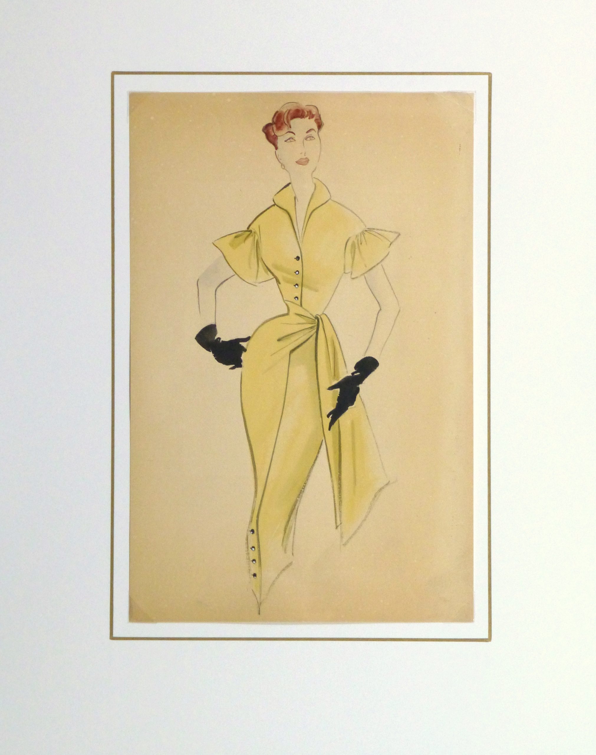 Gouache & Ink Fashion Sketch - Yellow Dress, Circa 1955-matted-10469M