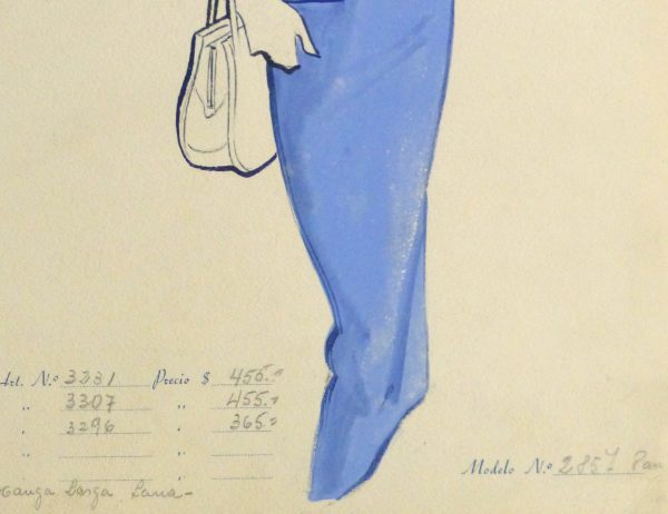 Gouache & Ink Fashion Sketch - Blue Dress Suit, Circa 1955-detail-10473M