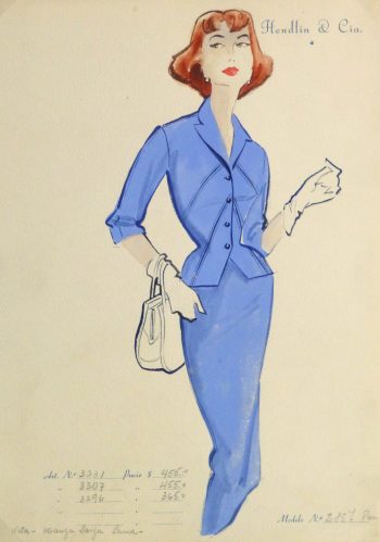 Gouache & Ink Fashion Sketch - Blue Dress Suit, Circa 1955-main-10473M