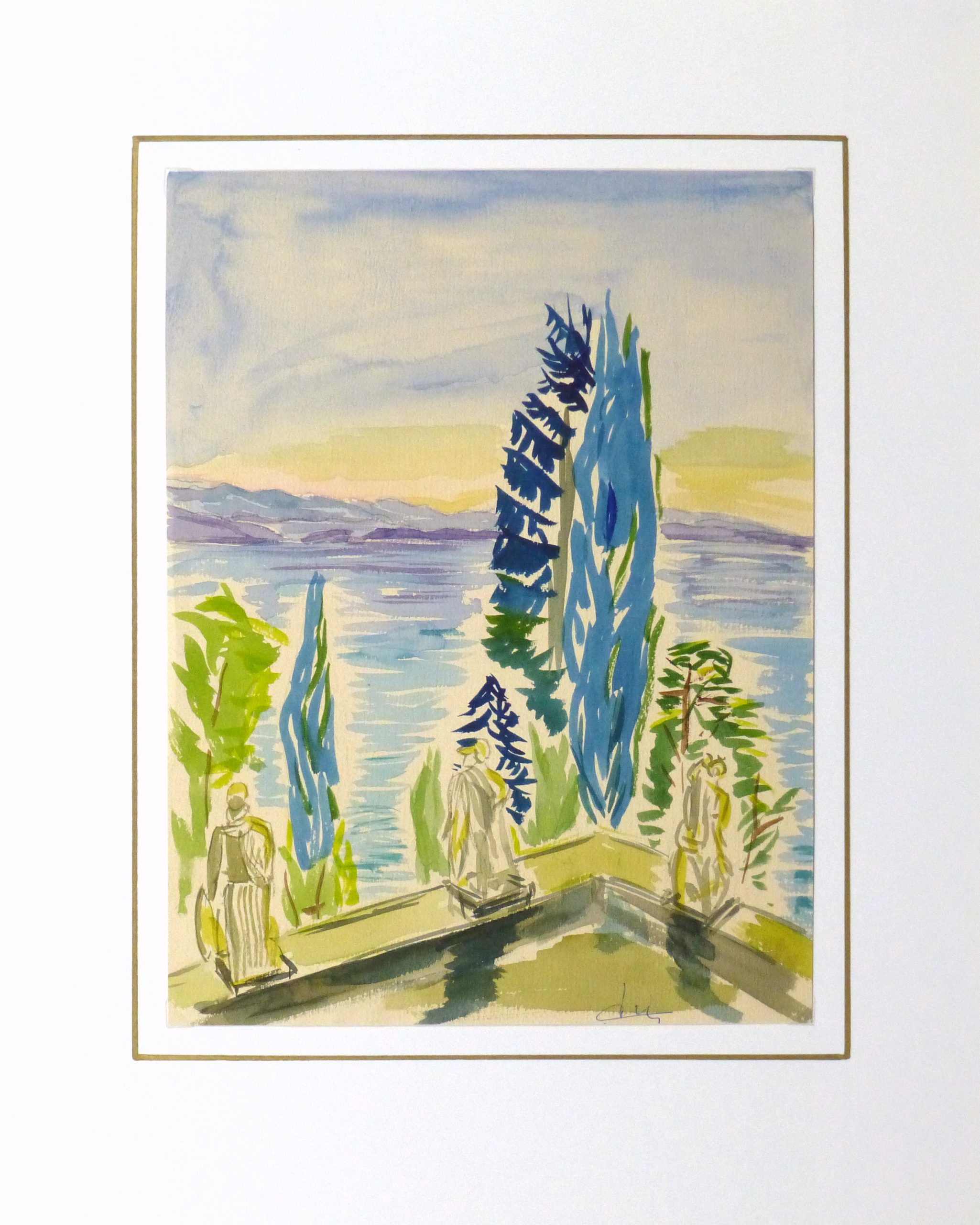 Watercolor Landscape - Waterfront Courtyard, Circa 1960-matted-10495M