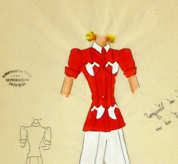 Gouache & Ink Fashion Sketch - Red Pocket Blouse, Circa 1950-detail 2-10503M