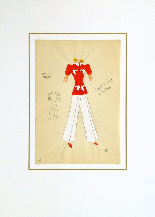 Gouache & Ink Fashion Sketch - Red Pocket Blouse, Circa 1950-matted-10503M