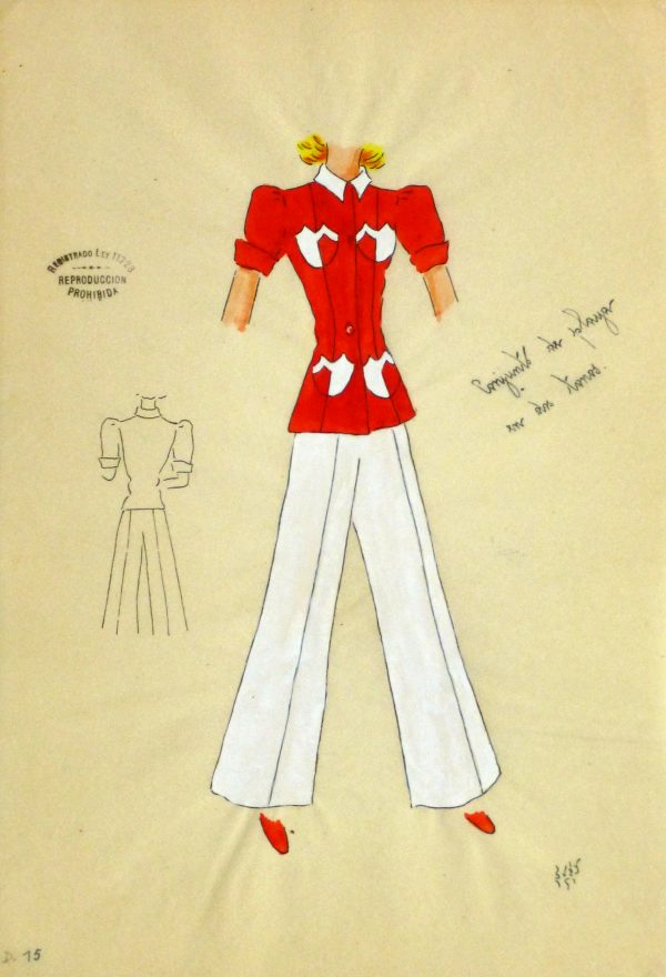 Gouache & Ink Fashion Sketch - Red Pocket Blouse, Circa 1950-main-10503M