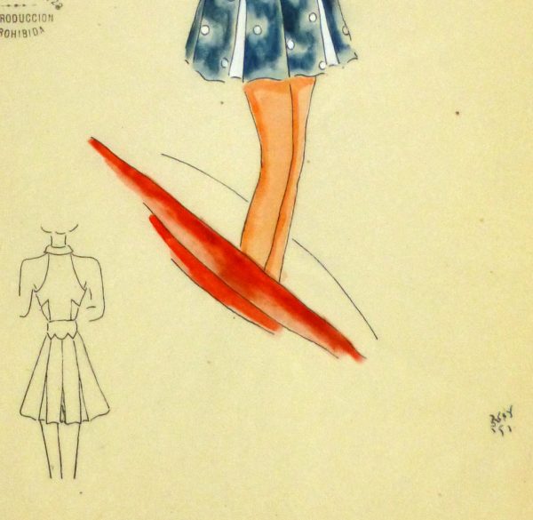 Gouache & Ink Fashion Sketch - Blue Sun Dress, Circa 1950-detail-10504M