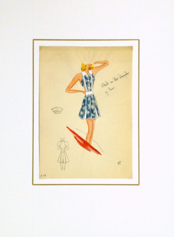 Gouache & Ink Fashion Sketch - Blue Sun Dress, Circa 1950-matted-10504M