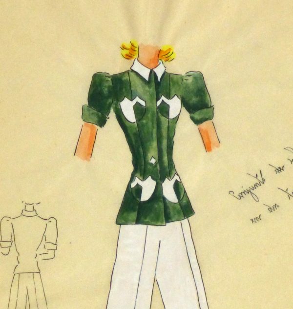 Gouache & Ink Fashion Sketch - Green Pocket Blouse, Circa 1950-detail 2-10506M