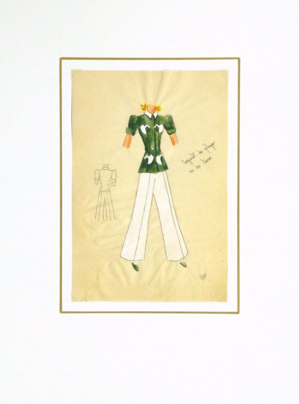 Gouache & Ink Fashion Sketch - Green Pocket Blouse, Circa 1950-matted-10506M