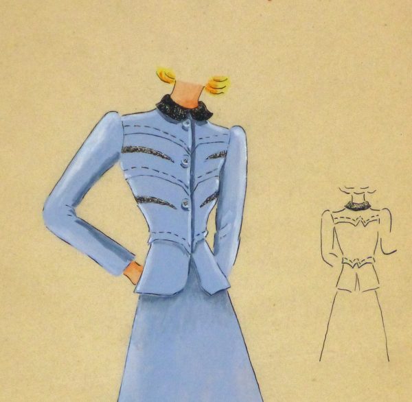 Gouache & Ink Fashion Sketch - Periwinkle Dress Suit, Circa 1950-detail 2-10507M