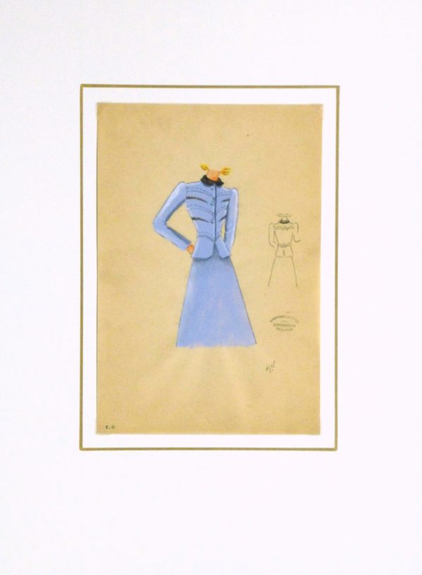 Gouache & Ink Fashion Sketch - Periwinkle Dress Suit, Circa 1950-matted-10507M