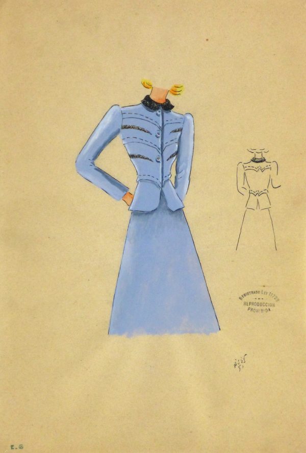 Gouache & Ink Fashion Sketch - Periwinkle Dress Suit, Circa 1950-main-10507M