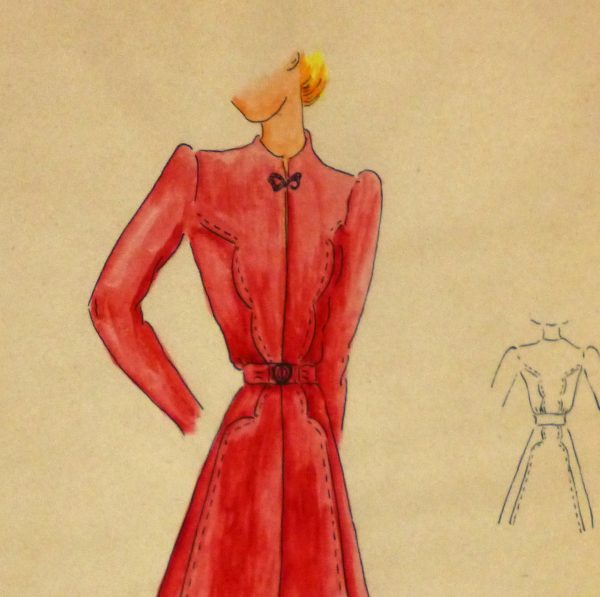 Gouache & Ink Fashion Sketch - Long Sleeve Red Dress , Circa 1950-detail 2-10508M