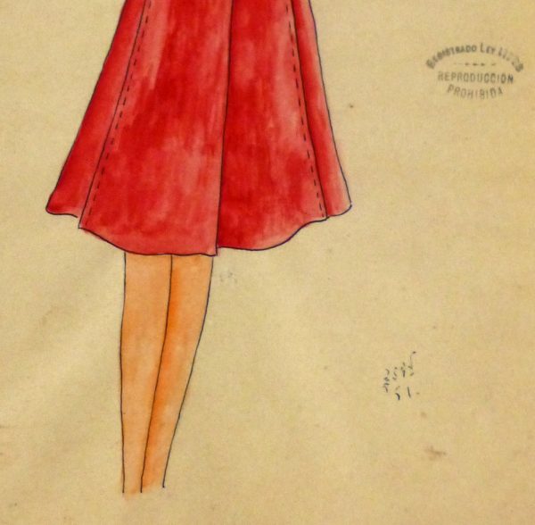 Gouache & Ink Fashion Sketch - Long Sleeve Red Dress , Circa 1950-detail-10508M