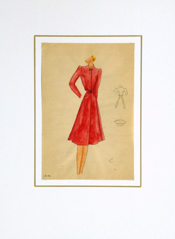 Gouache & Ink Fashion Sketch - Long Sleeve Red Dress , Circa 1950-matted-10508M
