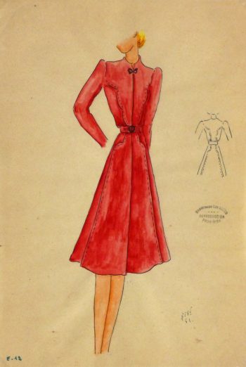 Gouache & Ink Fashion Sketch - Long Sleeve Red Dress , Circa 1950-main-10508M