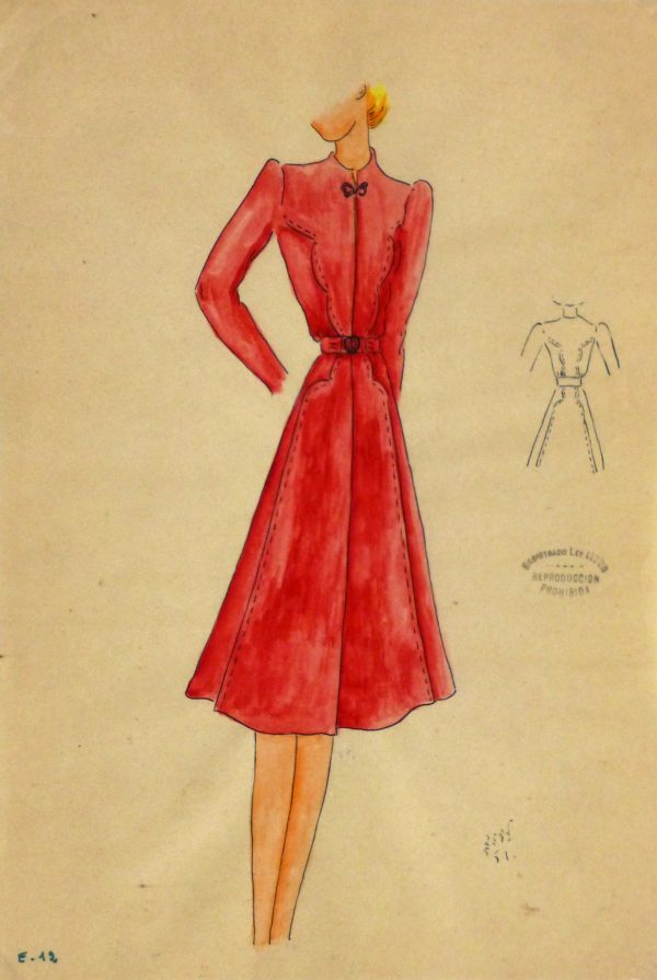 Gouache & Ink Fashion Sketch - Long Sleeve Red Dress , Circa 1950-main-10508M