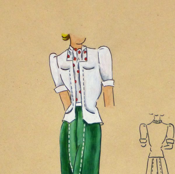 Gouache & Ink Fashion Sketch - Green Slacks, Circa 1950-detail 2-10509M