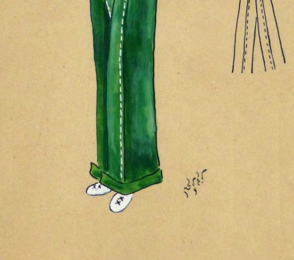 Gouache & Ink Fashion Sketch - Green Slacks, Circa 1950-detail-10509M
