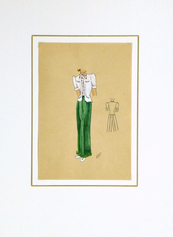 Gouache & Ink Fashion Sketch - Green Slacks, Circa 1950-matted-10509M