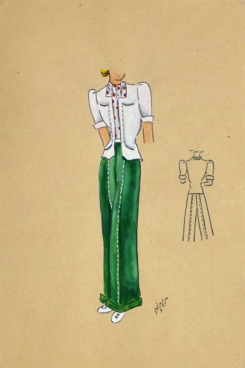 Gouache & Ink Fashion Sketch - Green Slacks, Circa 1950-main-10509M