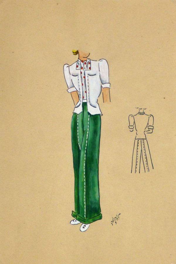 Gouache & Ink Fashion Sketch - Green Slacks, Circa 1950-main-10509M
