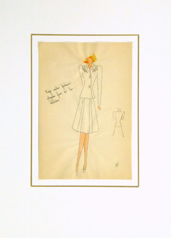 Gouache & Ink Fashion Sketch - Dress Suit, Circa 1950-matted-10510M