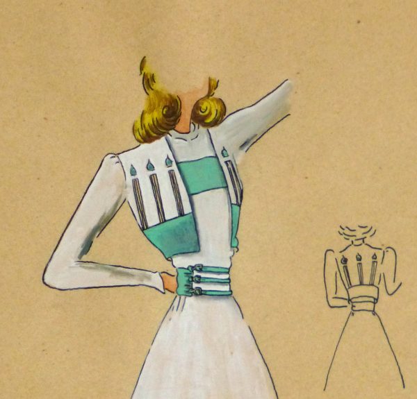 Gouache & Ink Fashion Sketch - Dress & Bolero, Circa 1950-detail 2-10511M