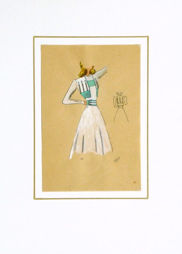 Gouache & Ink Fashion Sketch - Dress & Bolero, Circa 1950-matted-10511M