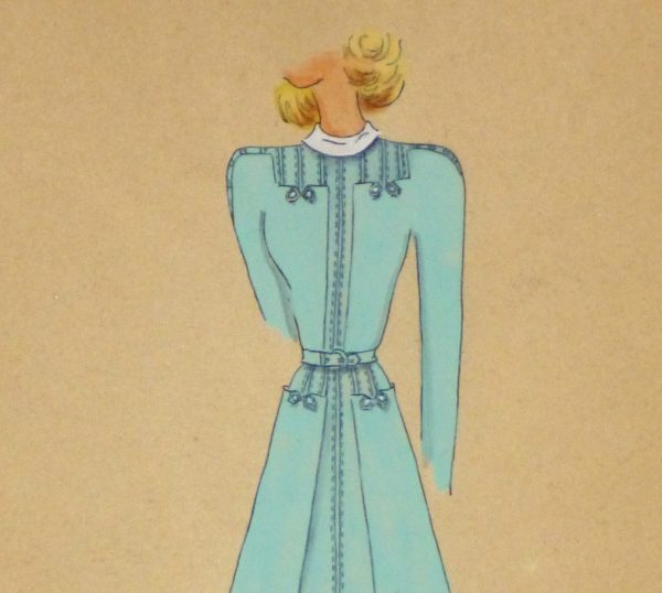 Gouache & Ink Fashion Sketch - Long Sleeve Aqua Dress, Circa 1950-detail 2-10512M
