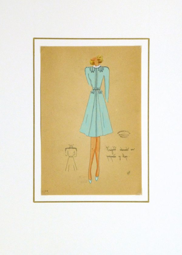 Gouache & Ink Fashion Sketch - Long Sleeve Aqua Dress, Circa 1950-matted-10512M