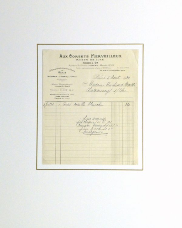 Duchess of Maillé Linens Receipt, 1932-matted-10558M