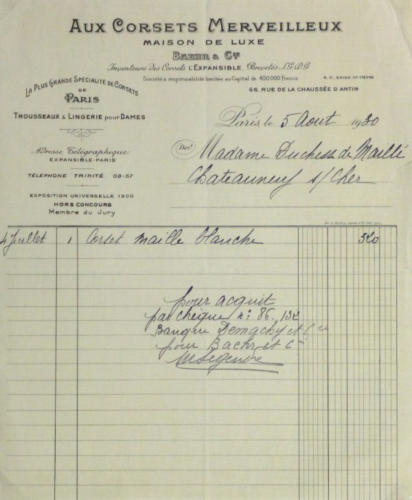Duchess of Maillé Linens Receipt, 1932-main-10558M