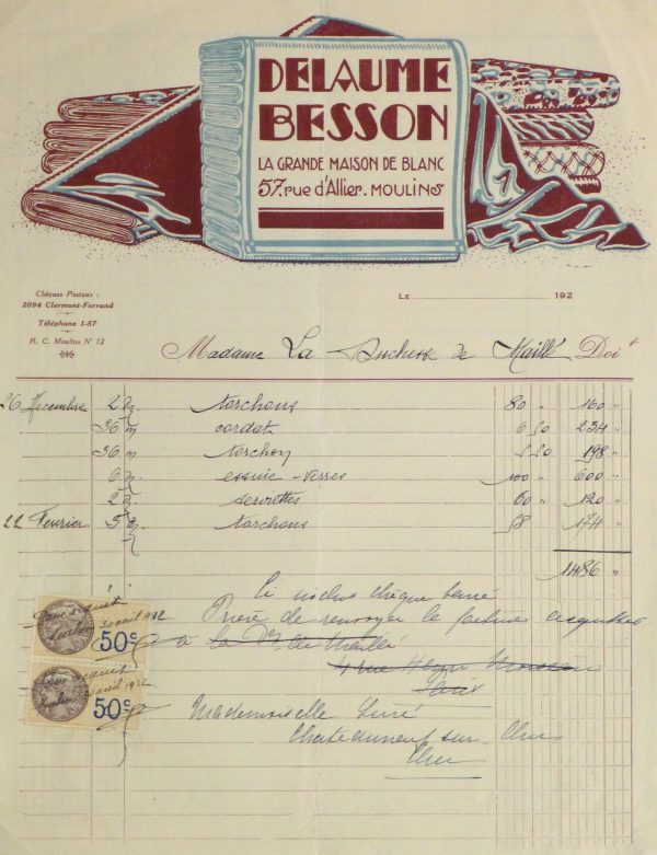 Duchess of Maillé Linens Receipt, 1932-main-10559M