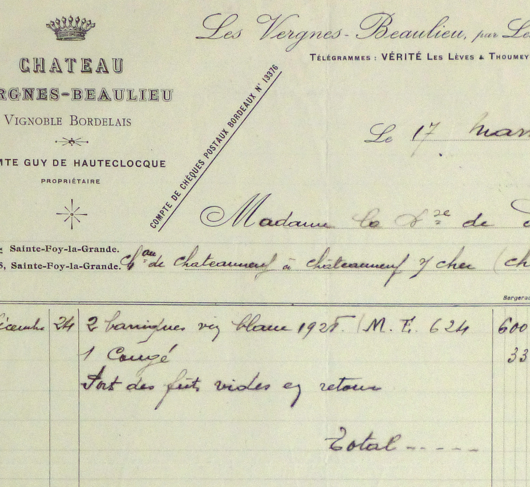 Duchess of Maillé Wine Receipt, 1930-detail2-10560M