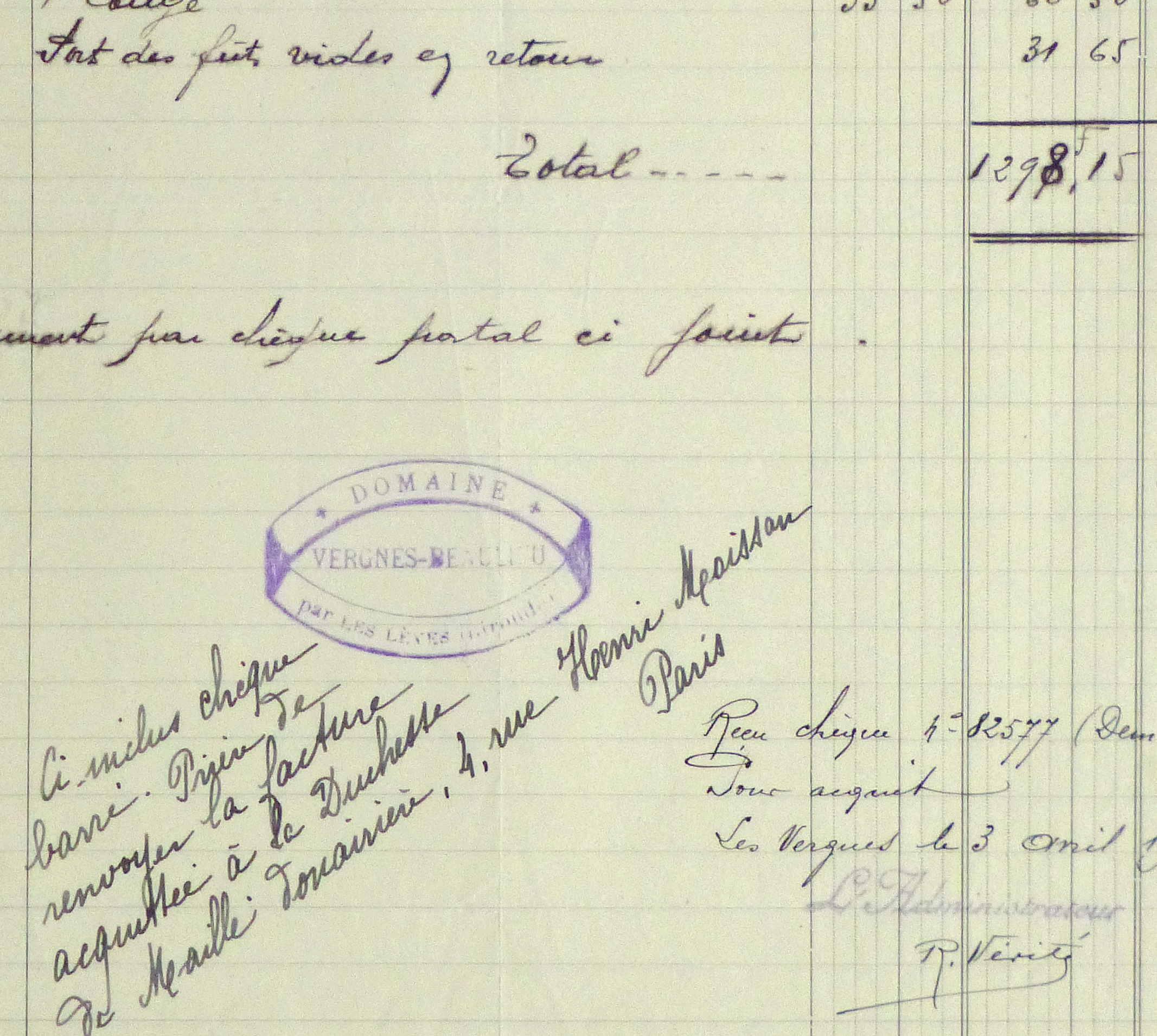 Duchess of Maillé Wine Receipt, 1930-detail-10560M