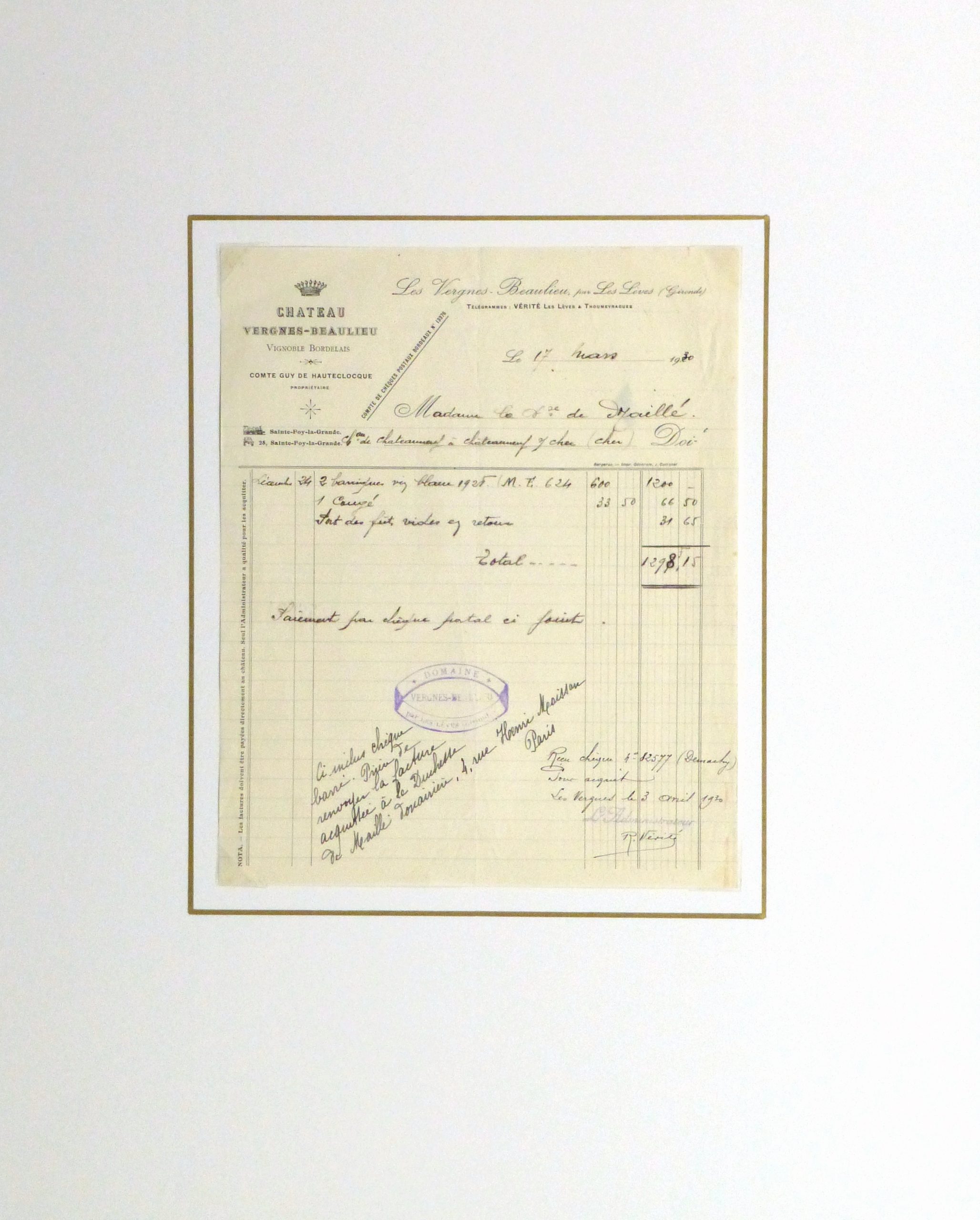 Duchess of Maillé Wine Receipt, 1930-matted-10560M