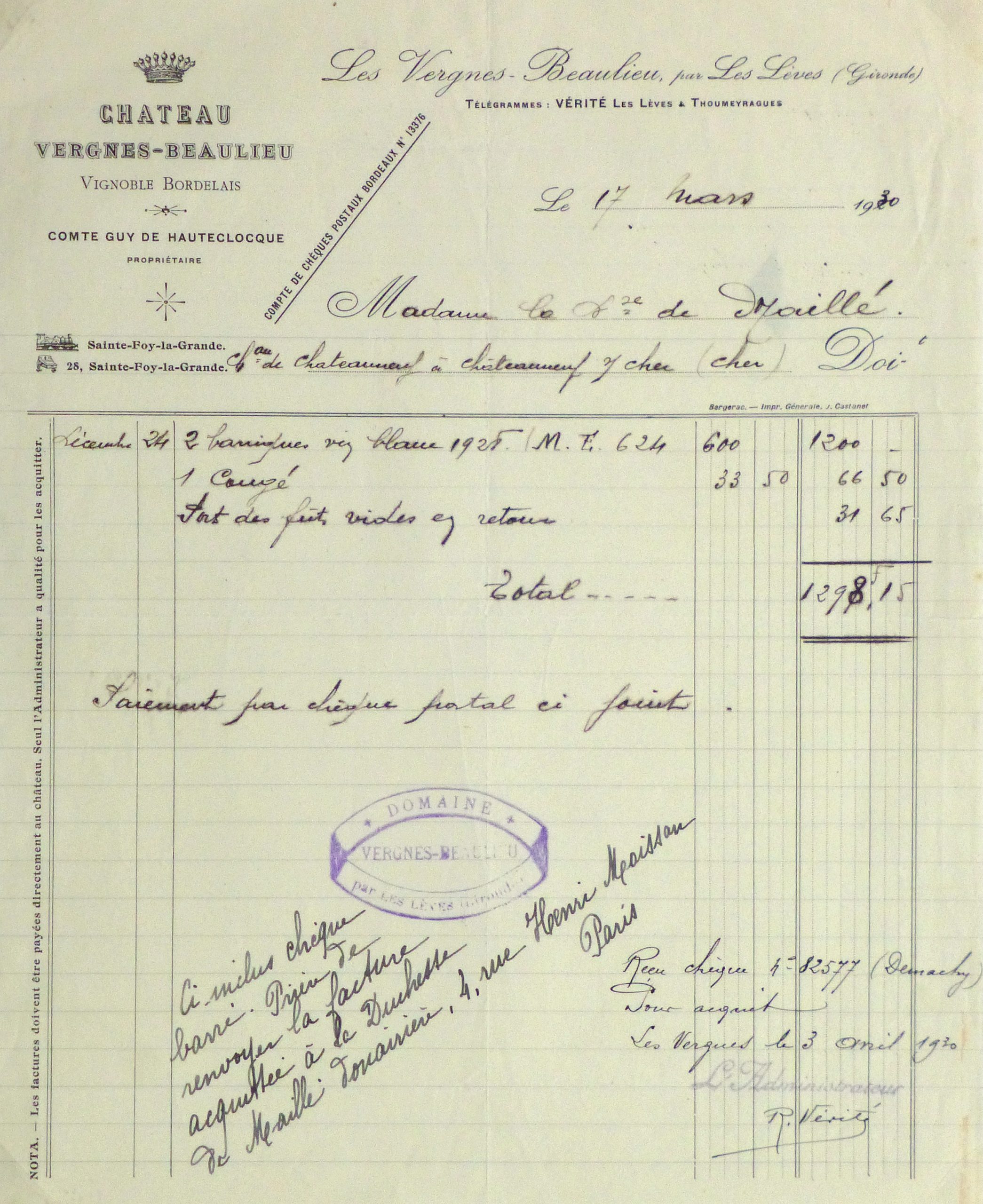 Duchess of Maillé Wine Receipt, 1930-main-10560M