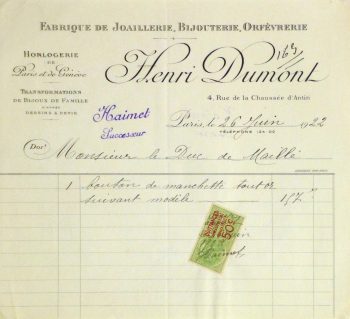 Duchess of Maillé Jewelry Receipt, 1922-main-10567M