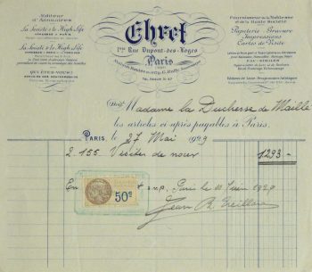 Duchess of Maillé Print Shop Receipt, 1929-main-10573M