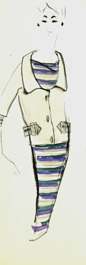 Balmain Fashion Sketch - Striped Dress & Blazer, Circa 1960-main-7112G