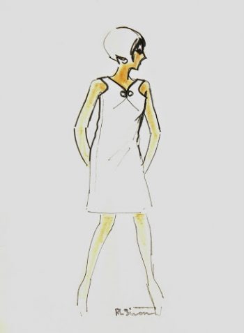 Modern White Dress Fashion Sketch, Circa 1960-main-7144G